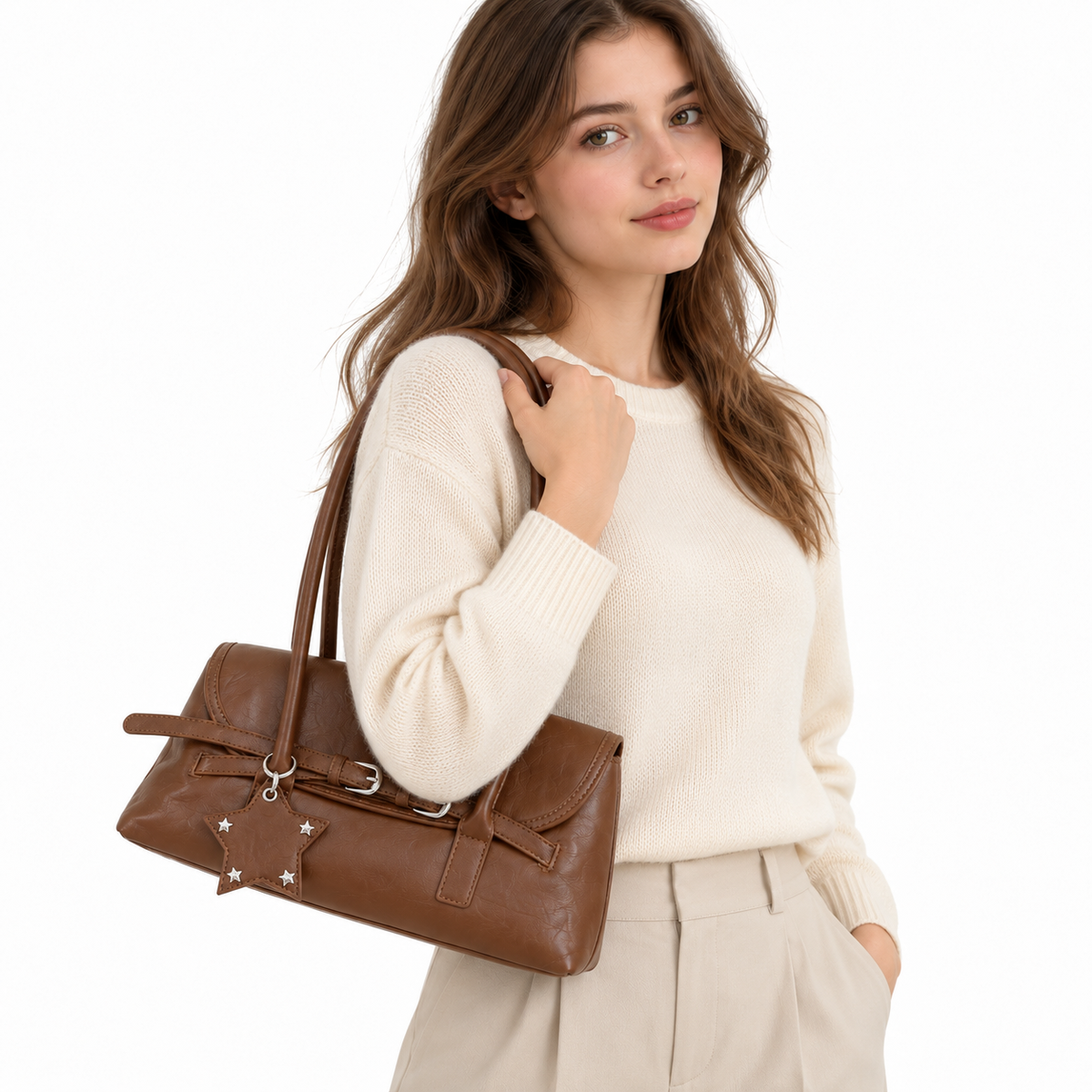 Sac à Épaule Vintage Marron – Double Boucle & Breloque Étoile