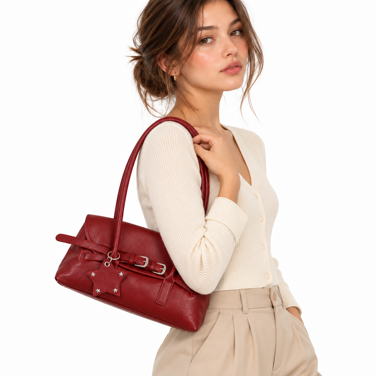 Sac à Épaule Vintage Rouge– Double Boucle & Breloque Étoile