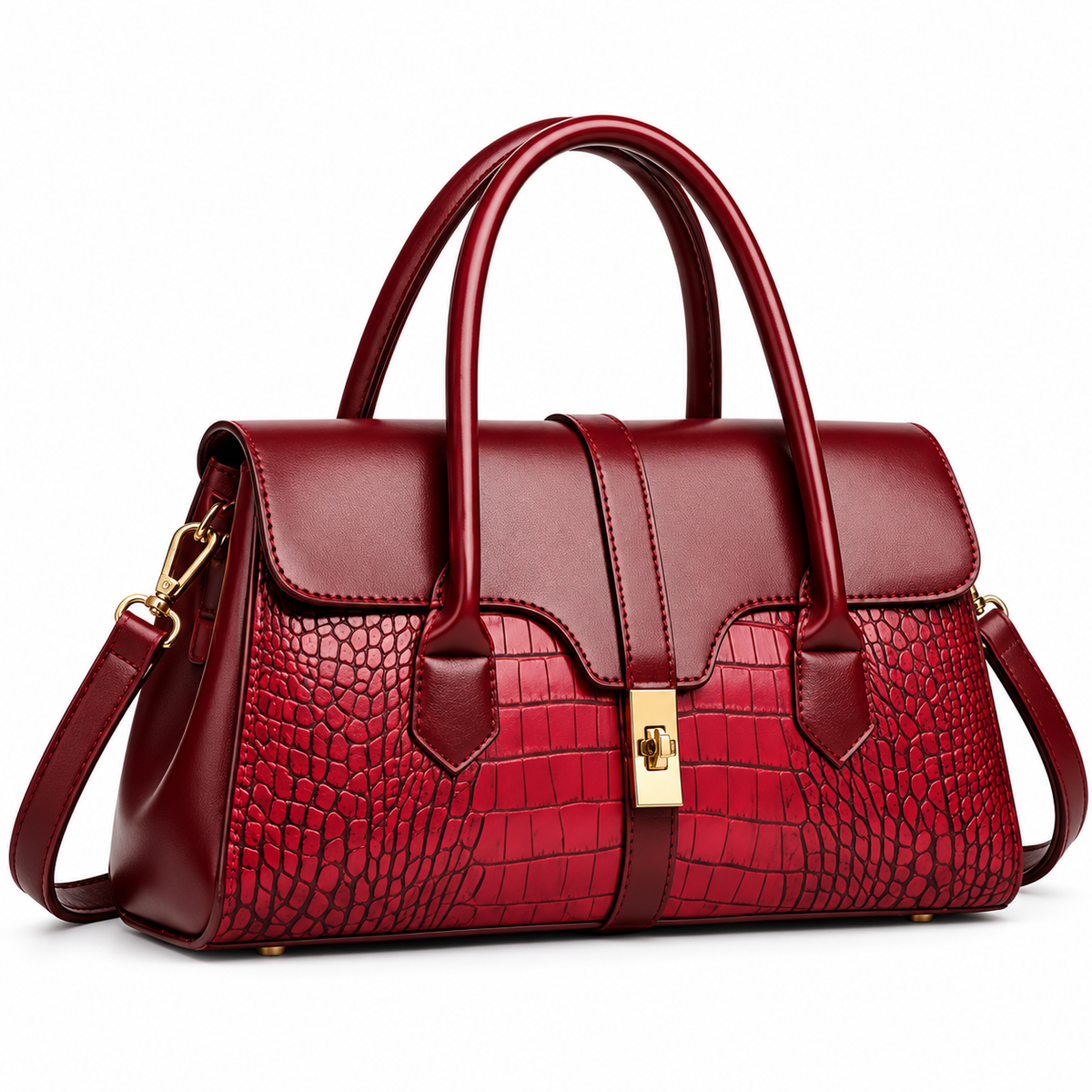 Sac à Main Femme Élégant Bordeaux– Effet Croco & Fermoir Doré