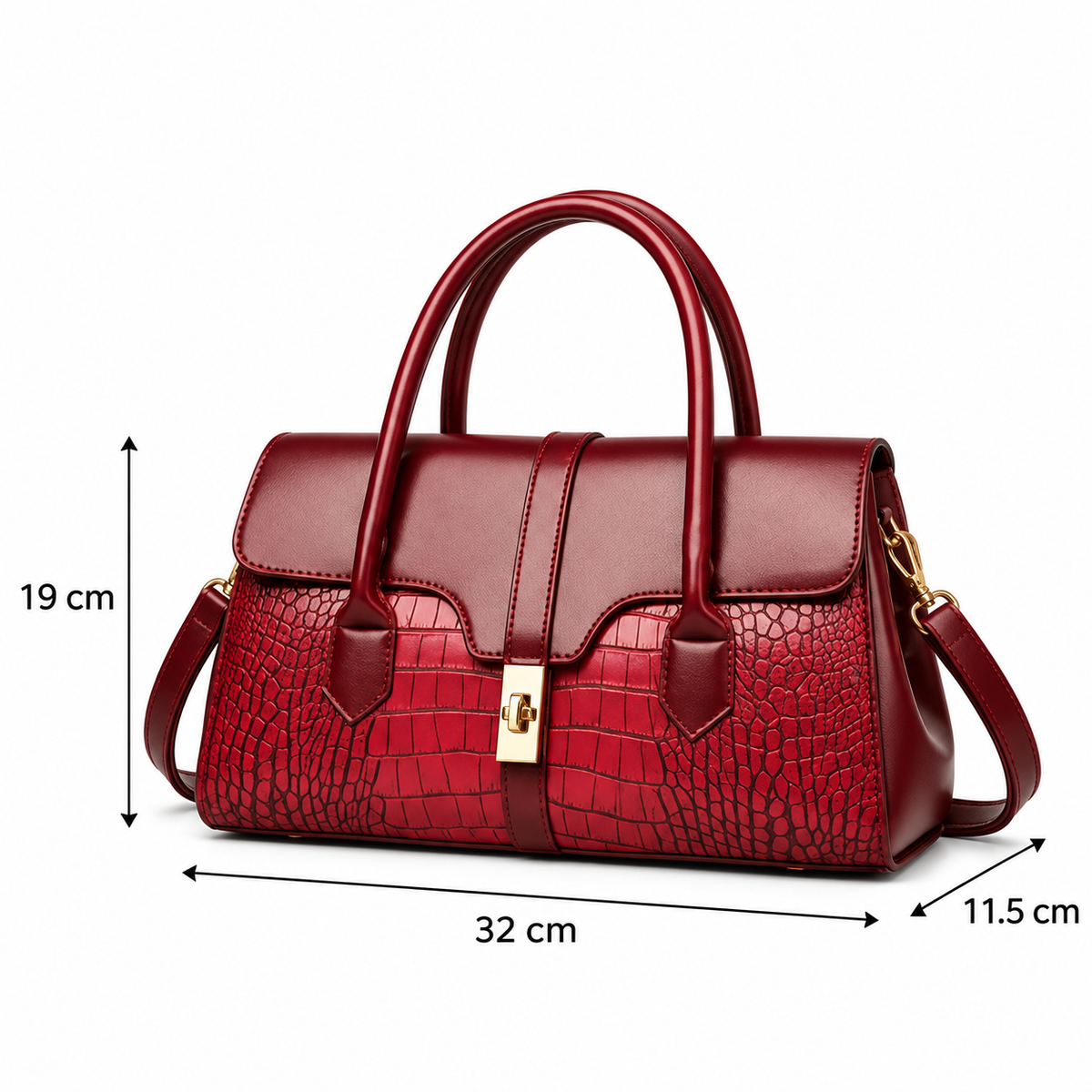 Sac à Main Femme Élégant Bordeaux– Effet Croco & Fermoir Doré