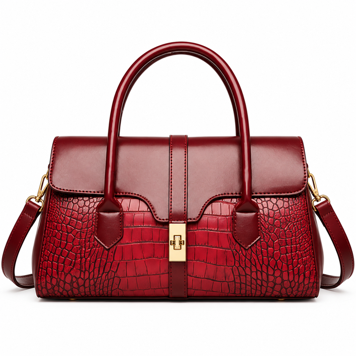 Sac à Main Femme Élégant Bordeaux– Effet Croco & Fermoir Doré