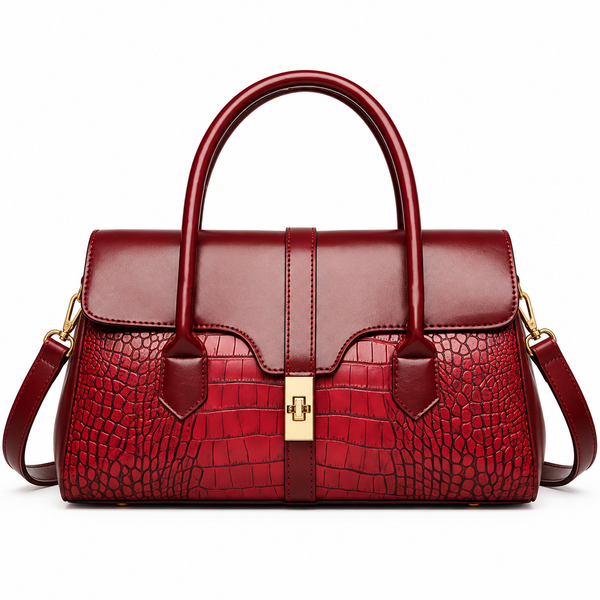 Sac à Main Femme Élégant Bordeaux– Effet Croco & Fermoir Doré
