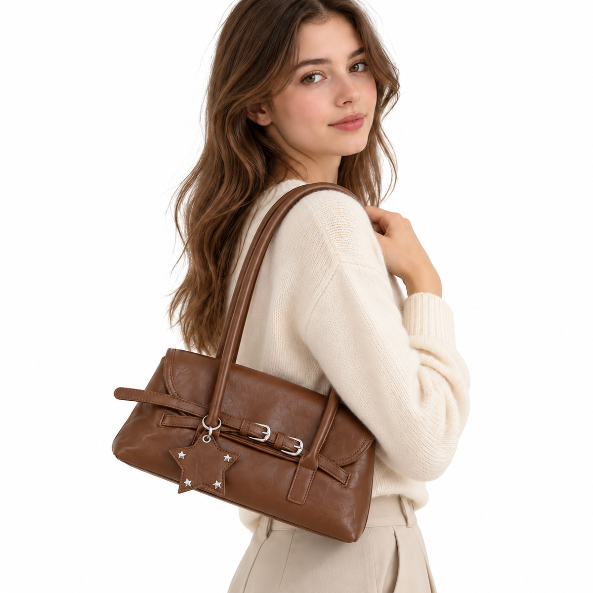 Sac à Épaule Vintage Marron – Double Boucle & Breloque Étoile