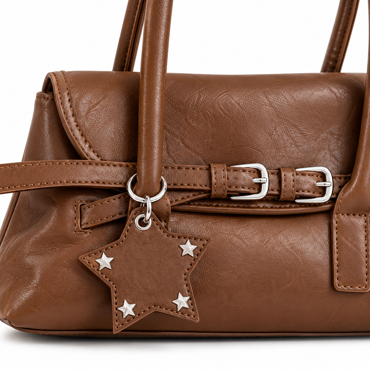 Sac à Épaule Vintage Marron – Double Boucle & Breloque Étoile