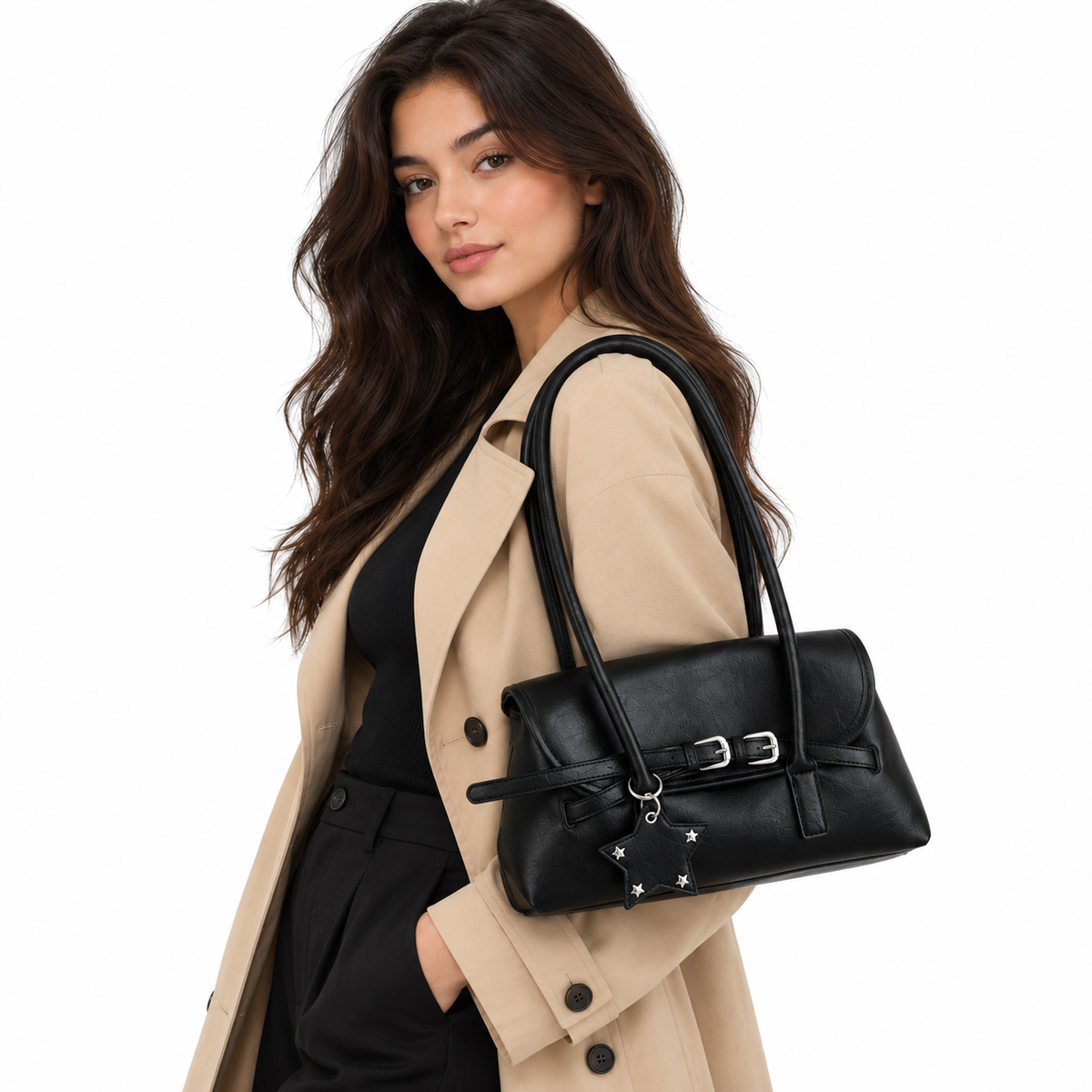 Sac à Épaule Vintage Noir– Double Boucle & Breloque Étoile