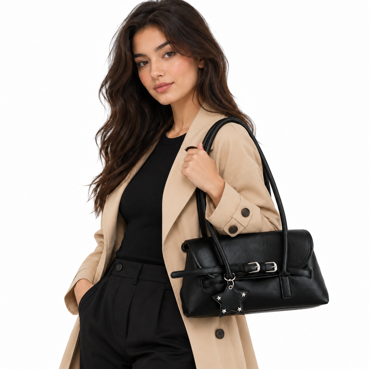 Sac à Épaule Vintage Noir– Double Boucle & Breloque Étoile