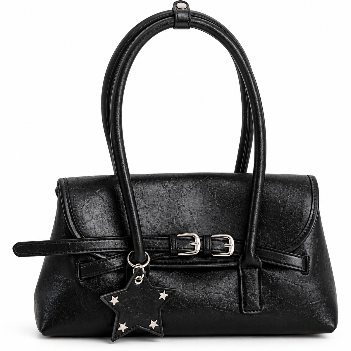 Sac à Épaule Vintage Noir– Double Boucle & Breloque Étoile