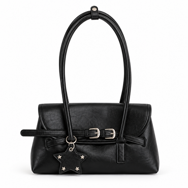 Sac à Épaule Vintage Noir– Double Boucle & Breloque Étoile