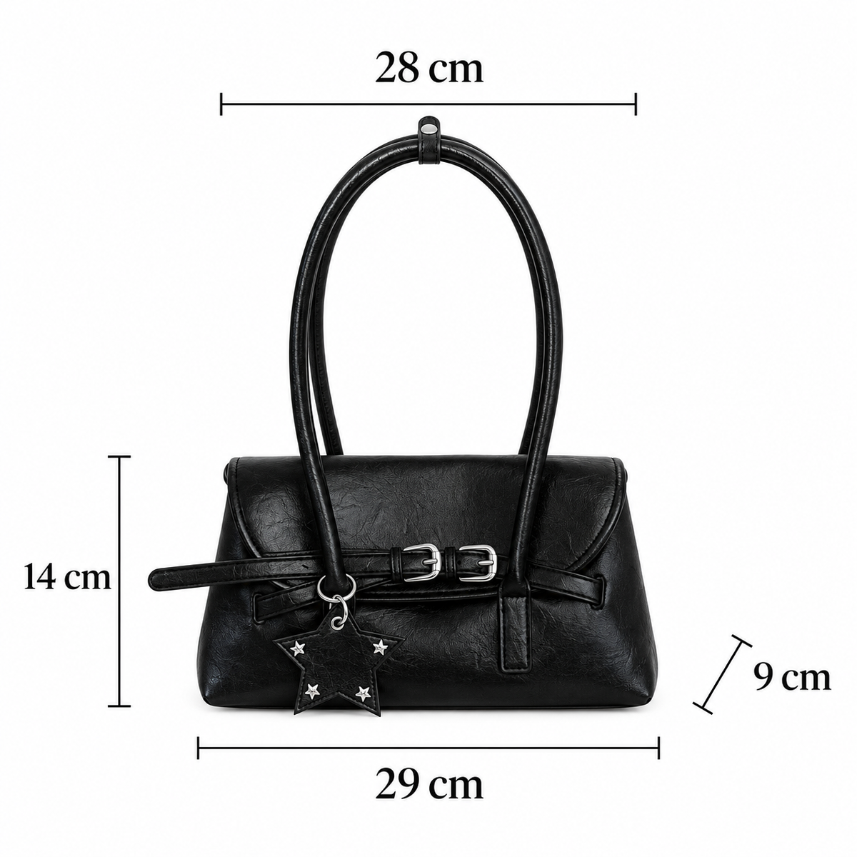 Sac à Épaule Vintage Noir– Double Boucle & Breloque Étoile
