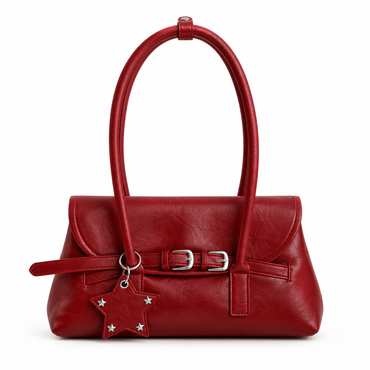 Sac à Épaule Vintage Rouge– Double Boucle & Breloque Étoile