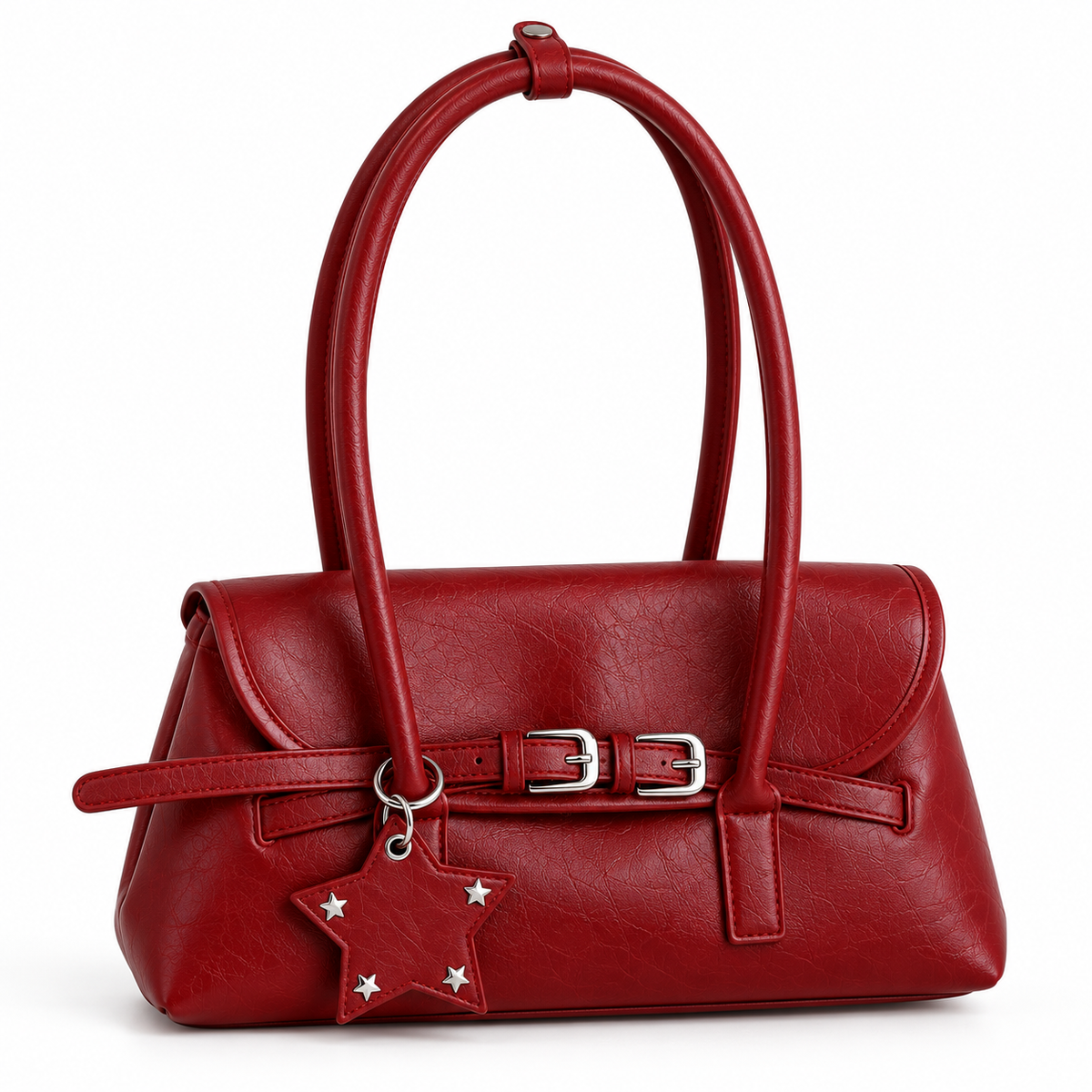 Sac à Épaule Vintage Rouge– Double Boucle & Breloque Étoile