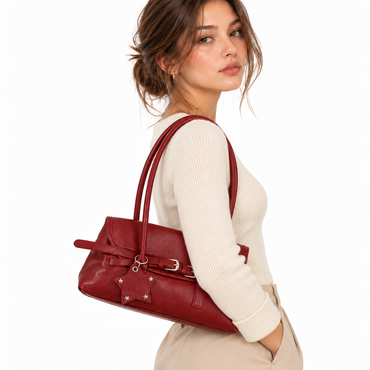 Sac à Épaule Vintage Rouge– Double Boucle & Breloque Étoile